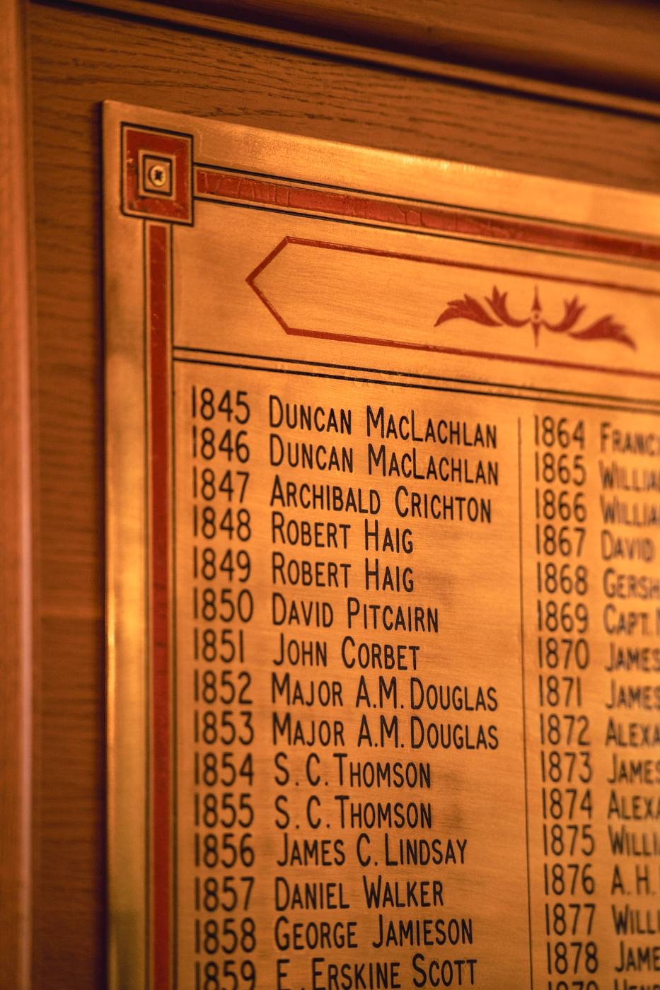 The Captains' board in gilt lettering, the roll beginning with Duncan MacLachlan in 1845